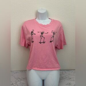 Homegirl Society Womens L Crop Short Sleeve T Shirt Pink Skeleton Skateboard